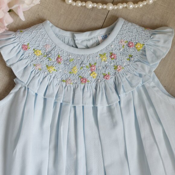 Blue Smocked Embroidered Romper Flutter Sleeve Luli & Me Boutique NWT - Picture 3 of 5